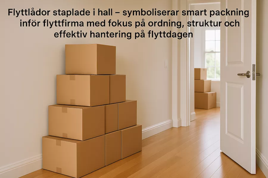 “Flyttlådor staplade i hall – symboliserar smart packning inför flyttfirma med fokus på ordning, struktur och effektiv hantering på flyttdagen”